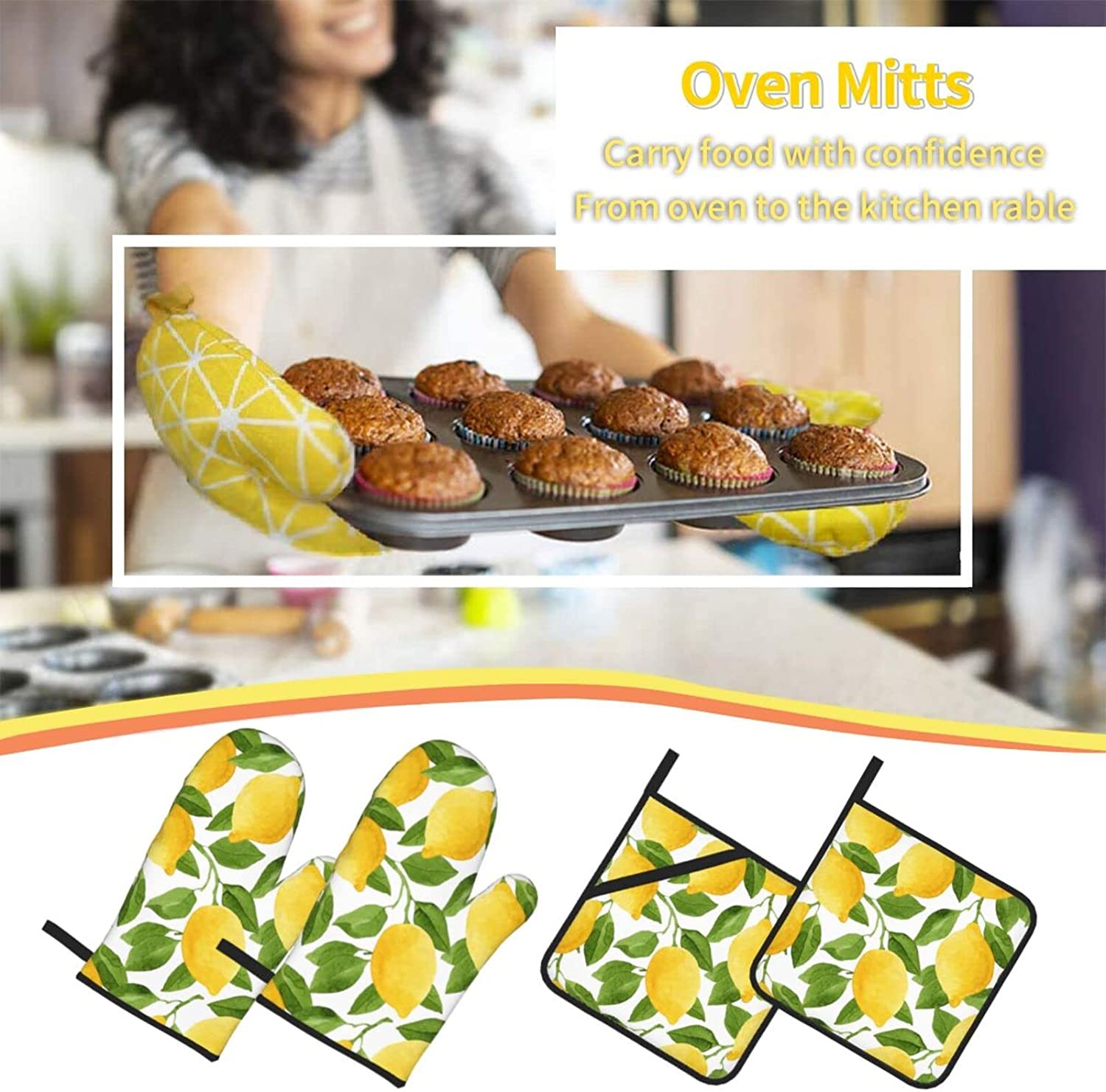 Sunflowers On Board Oven Mitts and Pot Holders Sets of 4 High Heat Resistant Summer Flowers Vintage Oven Mitts with Oven Gloves and Hot Pads Potholders for Kitchen BBQ Non-Slip Cooking Mi