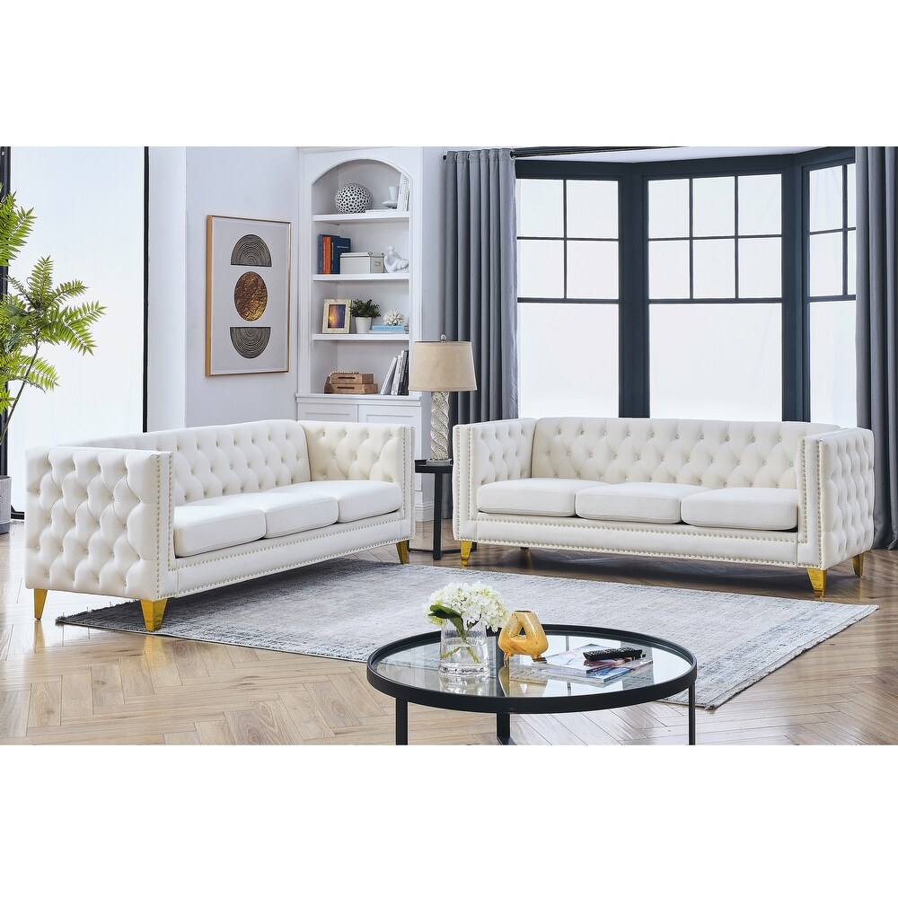 Classic Velvet Chesterfield Sofa Set with Nailhead Trim (Solid Wood Frame  3 Seaters)