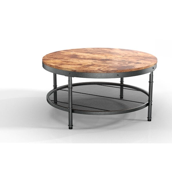 2-Tier Single Panel Round Coffee Table with Metal Frame and Mesh