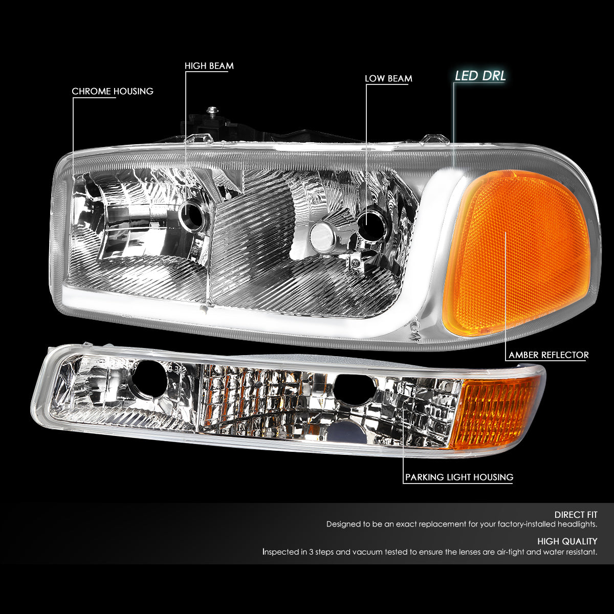 DNA Motoring HL-LB-SIERRA99-CH-AM For 1999 to 2007 GMC Sierra 1500 2500 3500 Yukon LED DRL Light Bar Headlight+Bumper Lamp Chrome Housing Amber Corner 00 01 02 03 04 05 06 4Psc