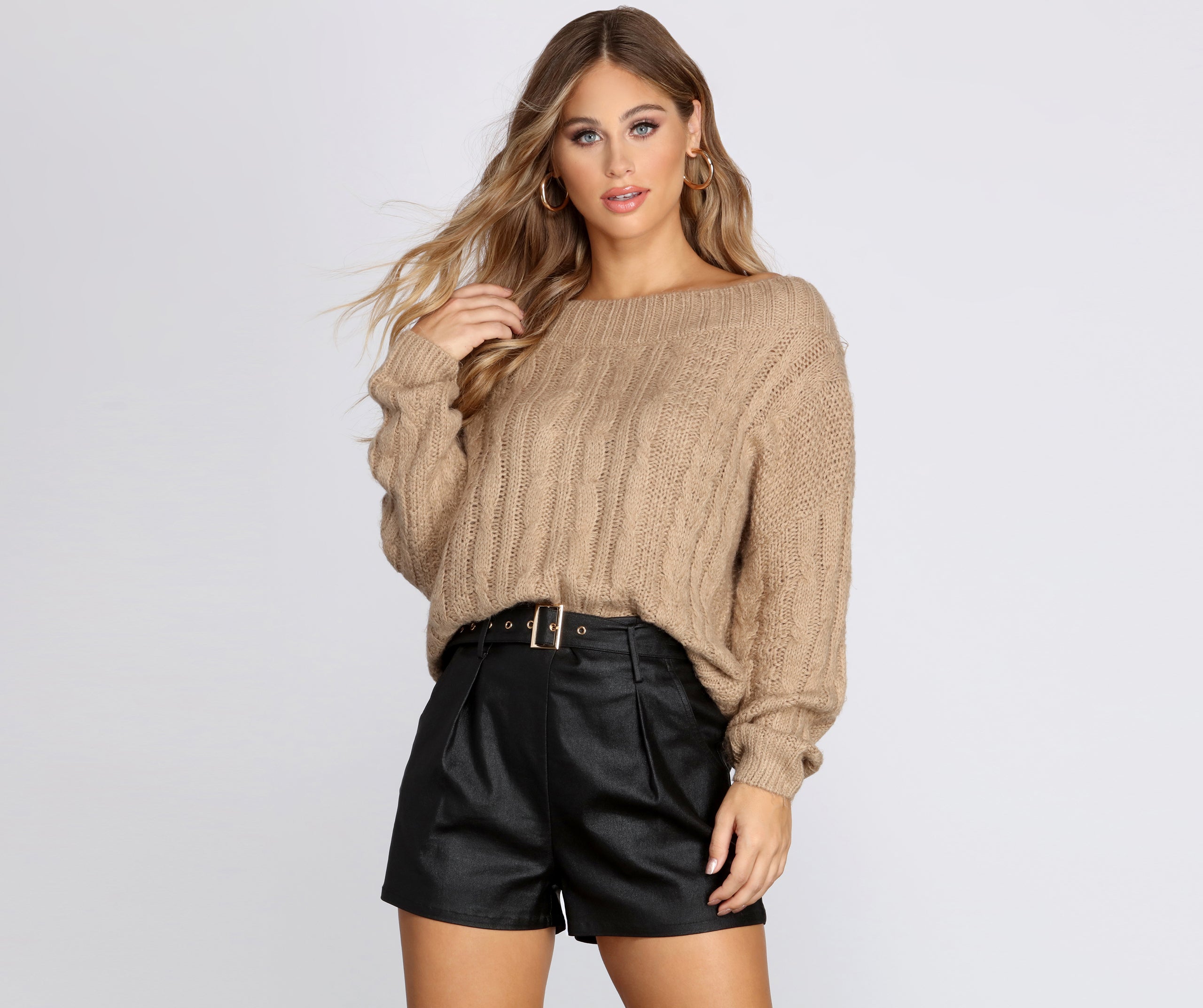 Wide Neck Cable Knit Sweater