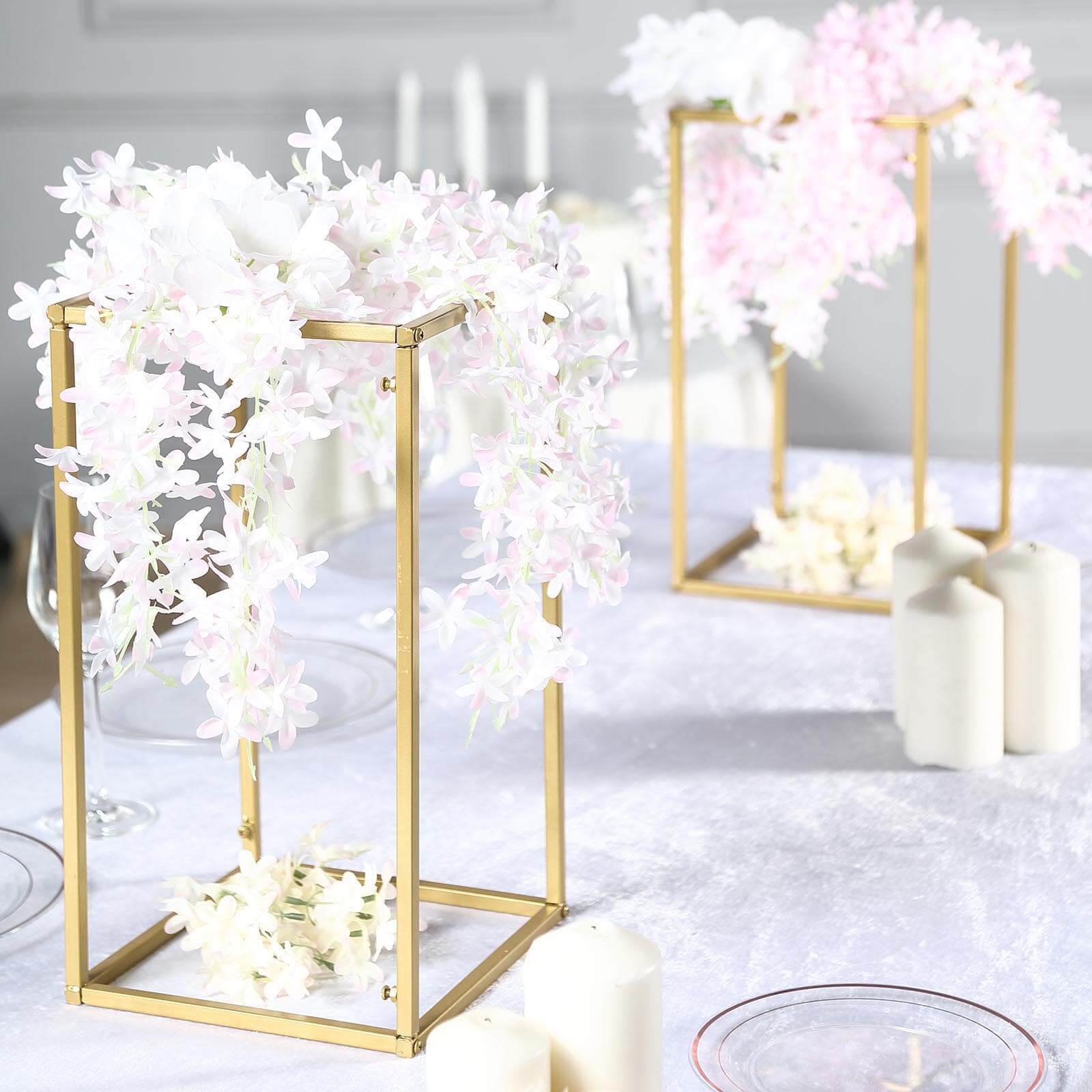 2 Pack Rectangular Gold Metal Wedding Flower Stand, Geometric Column Frame Centerpiece 16