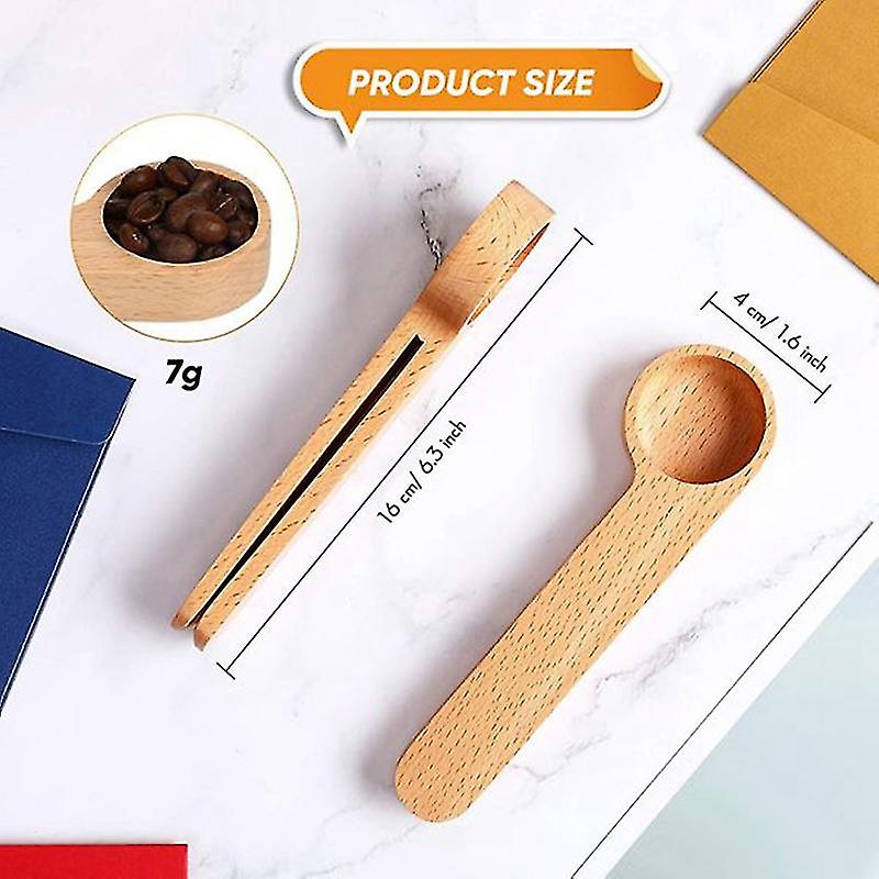 5 Pcs Wooden Coffee Scoop And Bag Clip Measure Spoon 2-in-1 Bags Sealer Measuring Spoon For Beans，e