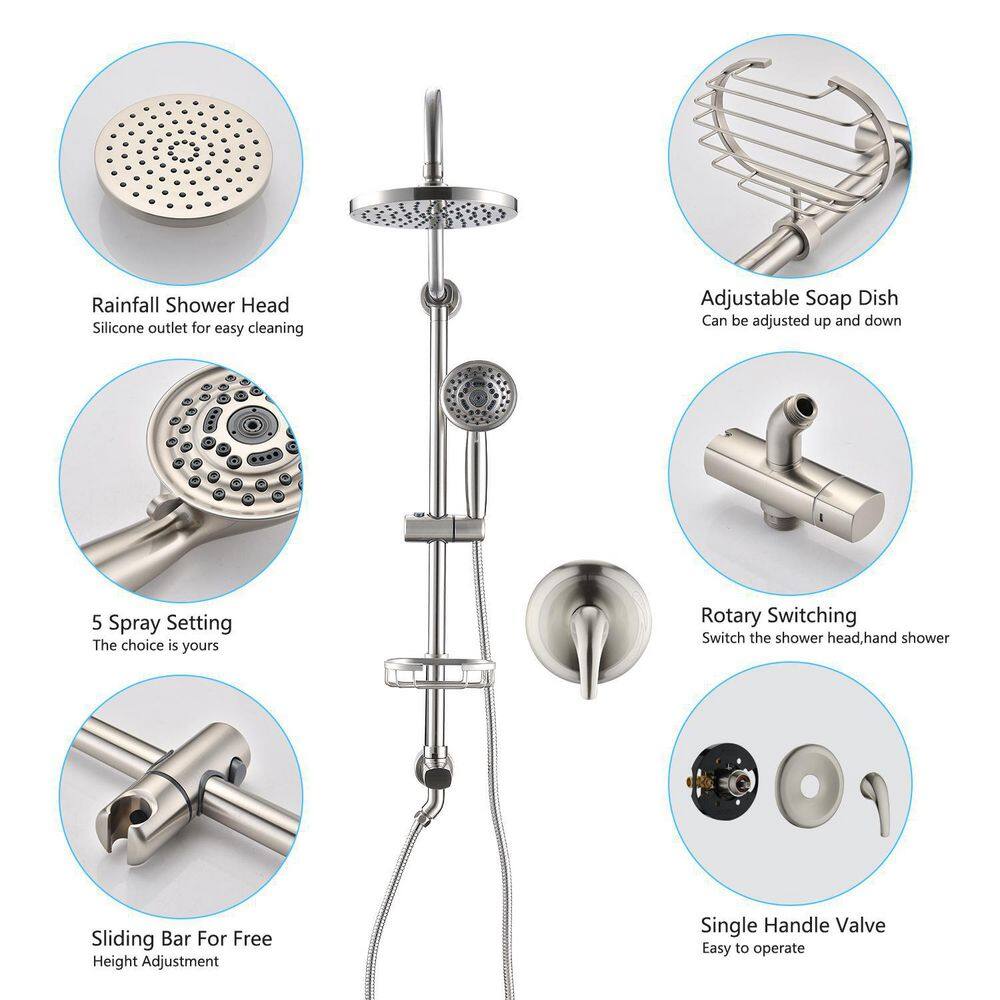 YASINU 5-Spray Wall Slid Bar Round Rain Shower Faucet with Handheld in Brushed Nickel (Valve Included) YNAE1102BN