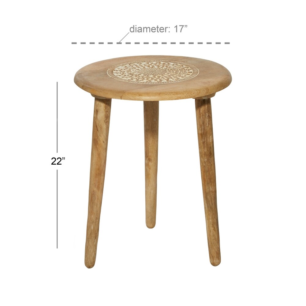 Wood Handmade Intricately Carved Floral Accent Table with 3 Slender Legs