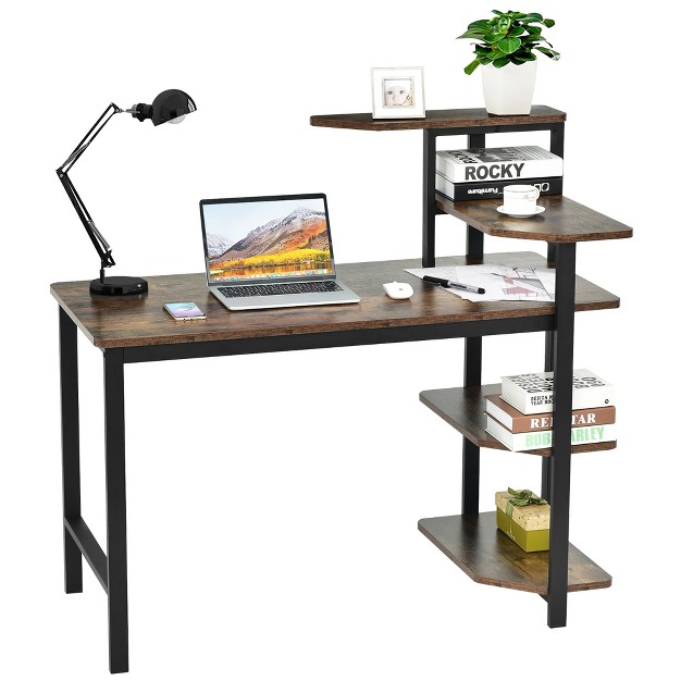 Costway Computer Desk Writing Study Table With Storage Shelves Home Office Rustic Brown