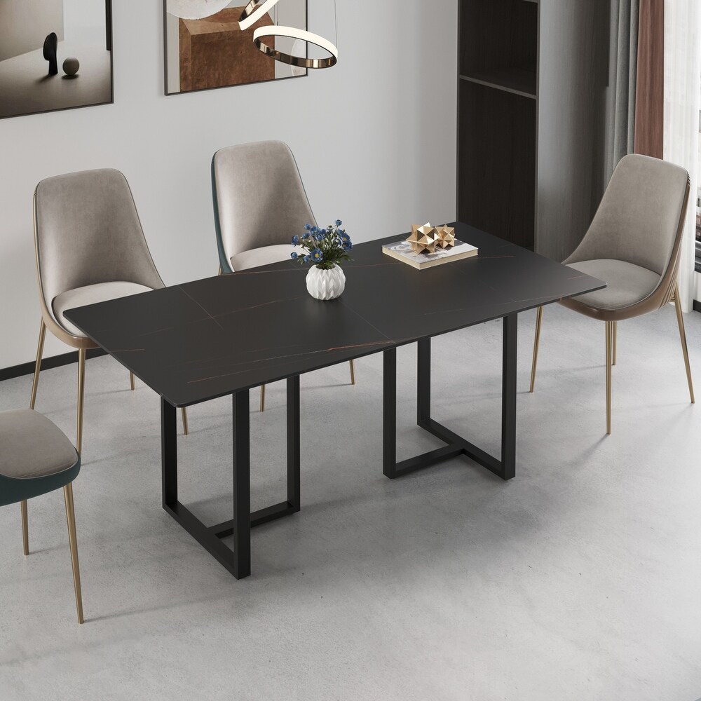 Modern 71L x 35W Rectangular Black Marble Dining Table with Steel Legs