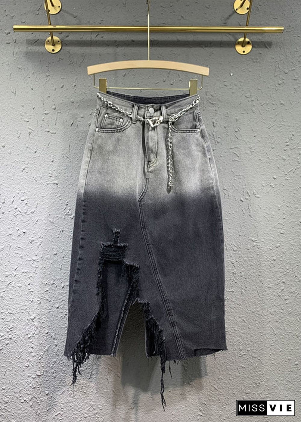 Fitted Black Grey Gradient Asymmetrical Pockets Patchwork Denim Skirts Fall