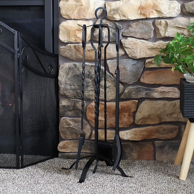 Sunnydaze 5-Piece Heavy-Duty Steel Fireplace Tool Set with Stand