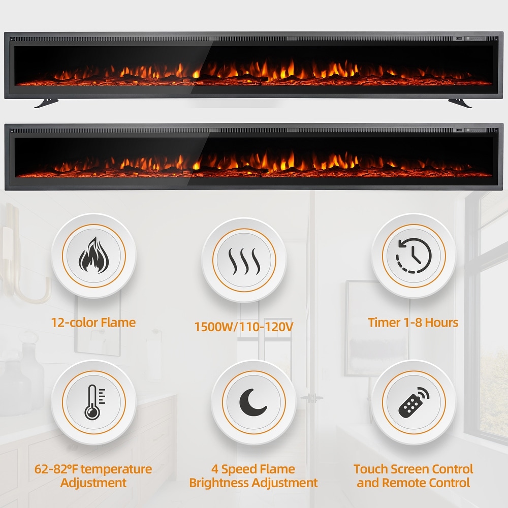 Electric Fireplace Inserts  Recessed and Wall Mounted Fireplace with Timer  Remote Control  Adjustable LED Flame  750/1500W