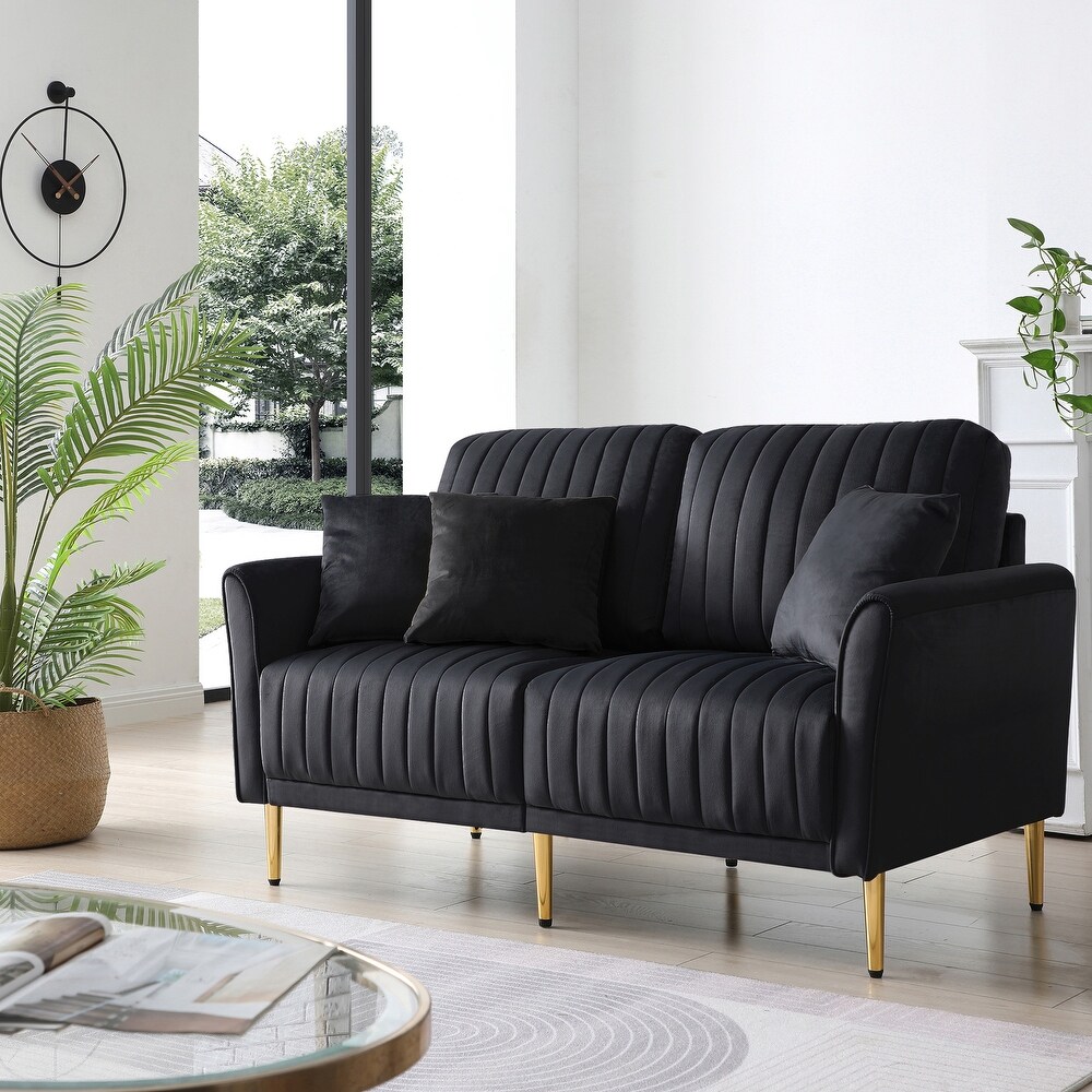 Velvet Upholstered Loveseat Sofa Black Channel Tufting Lounge Loveseat with Reversible Back and 2 Pillows  Living Room Couch