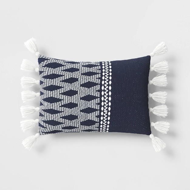 Lattice And Tassles Rectangular Outdoor Lumbar Pillow Navy Blue