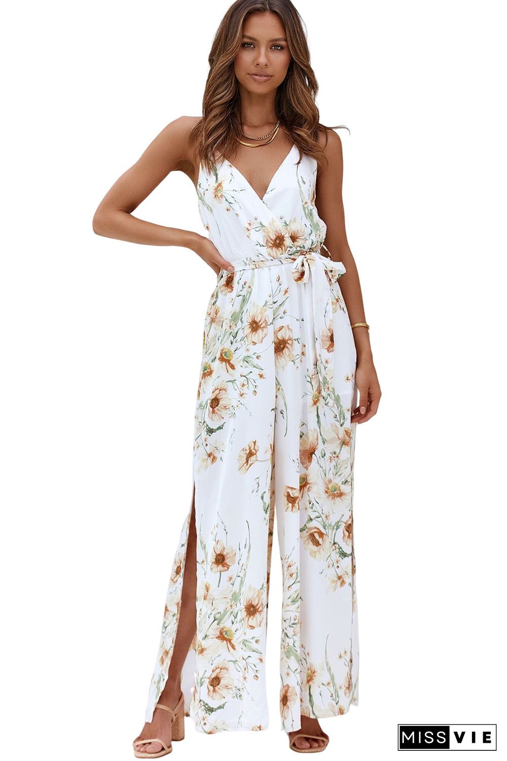 White Poppy Print Belted Cami Wide Leg Jumpsuit