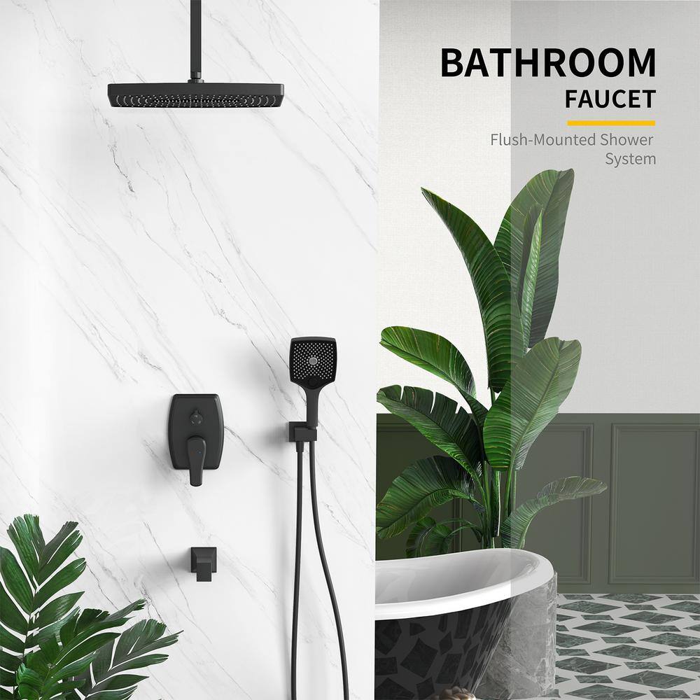 GIVING TREE Single-Handle 5-Spray Ceiling Mount Rectangle Tub and Shower Faucet with Hand Shower in Matte Black(Valve Included) HDFFBT707XC-MB