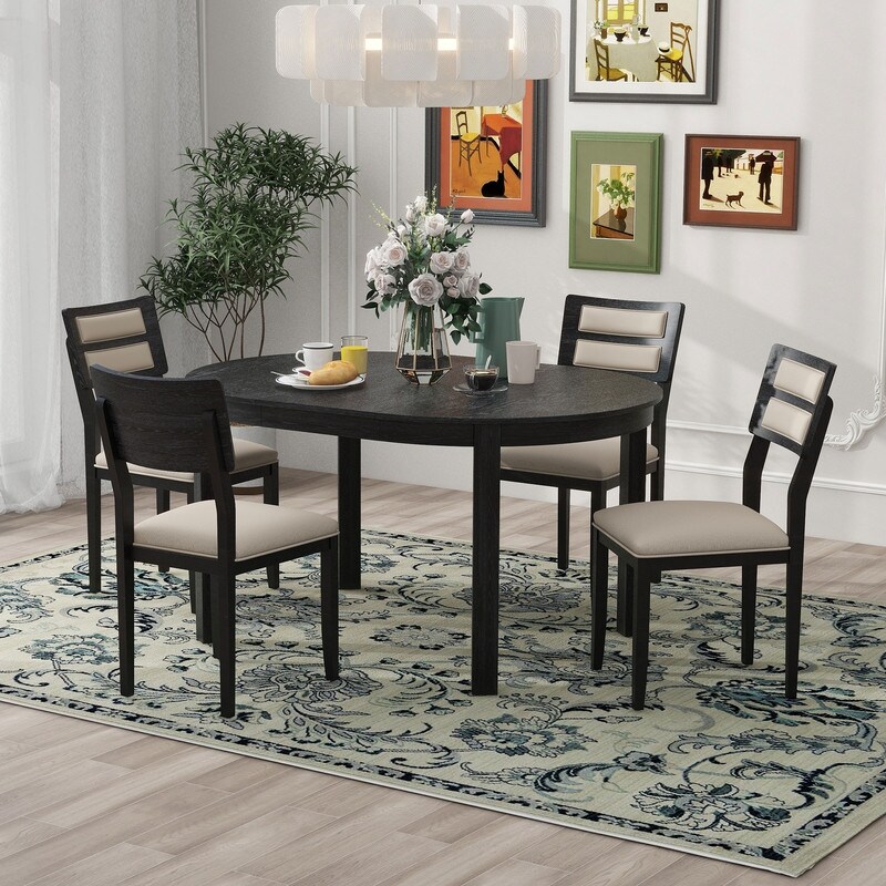 Farmhouse Style 5 Piece Multifunctional Dining Set with Extendable Round Table  Two Drawers and 4 Upholstered Dining Chairs