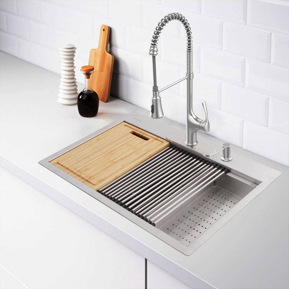 Glacier Bay Zero Radius Drop-in 18G Stainless Steel 30 in. 4-Hole Single Bowl Workstation Kitchen Sink with Accessories 4308F