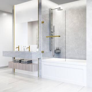 VIGO Rialto 34 in. W x 58 in. H Pivot Frameless Tub Door in Matte Brushed Gold with 516 in. (8mm) Clear Glass VG6074MGCL3458