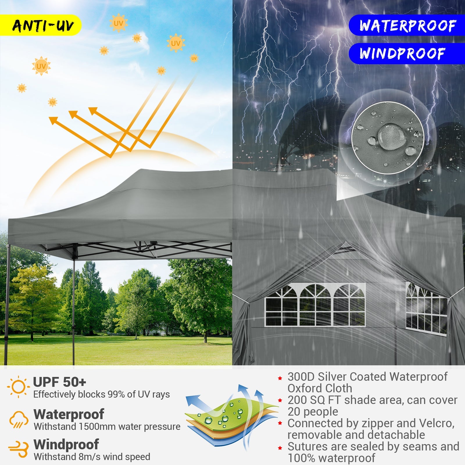 10'x20' Pop Up Canopy Waterproof Folding Tent Outdoor Easy Set-up Instant Tent Heavy Duty Commercial Wedding Party Shelter with 6 Removable Sidewalls, 6 Sandbags, Roller Bag, Gray