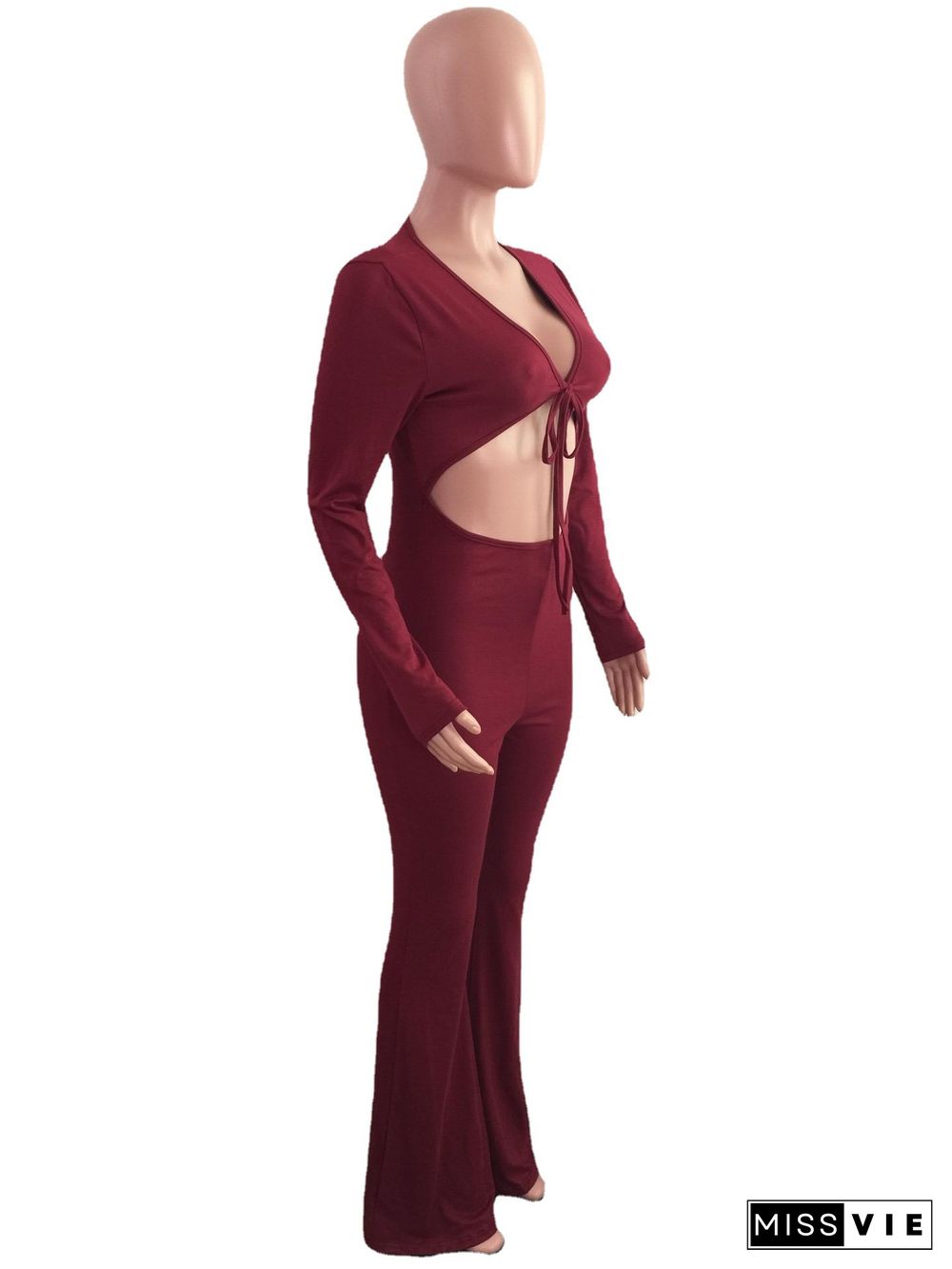 Ribbed Cropped Stretch Pit Strip Long-sleeved Flared Jumpsuit