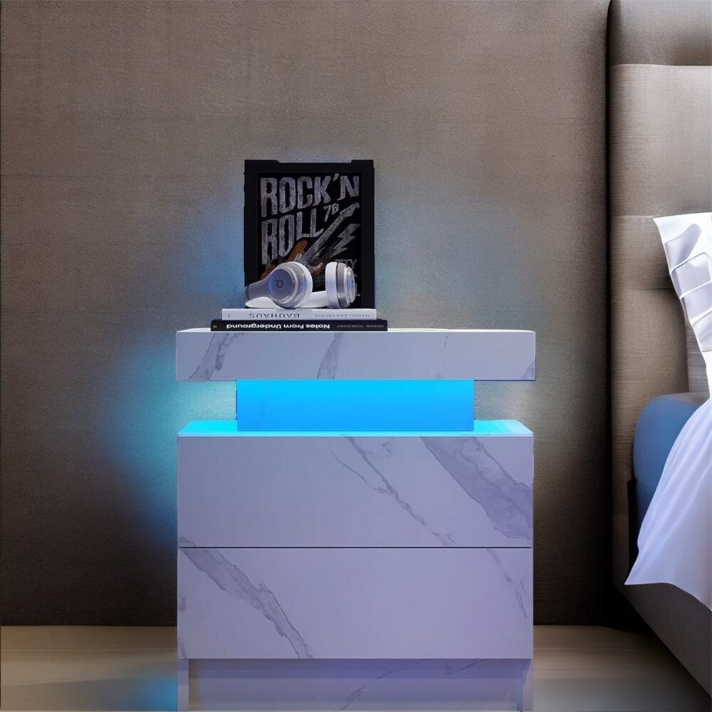 Modern Wood LED Nightstand with 2 Drawers