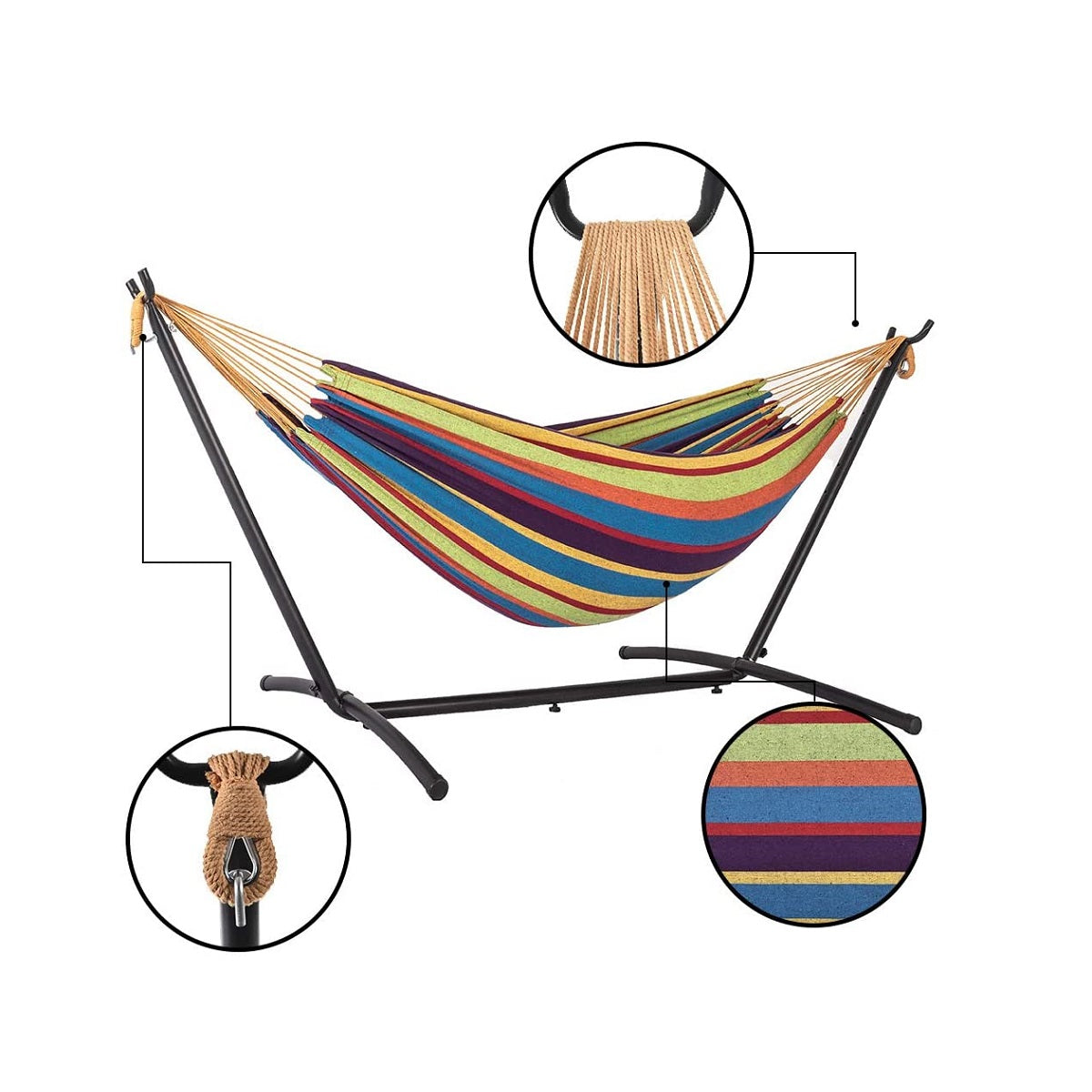 Classic Camping Outdoor Cotton Hammock with 9 Ft Steel Stand Rainbow Striped 450lb Capacity