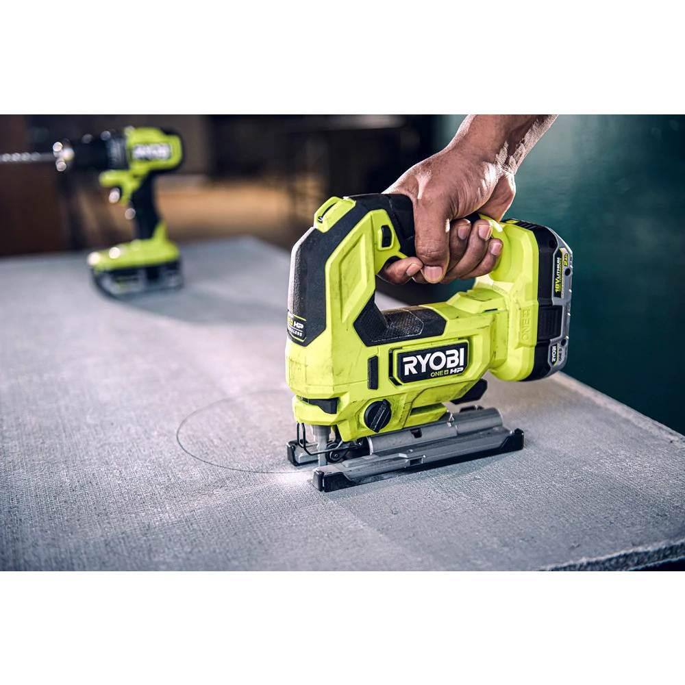 RYOBI ONE+ HP 18V Brushless Cordless Jig Saw (Tool Only) with All Purpose Jig Saw Blade Set (10-Piece) PBLJS01B-A14AK101