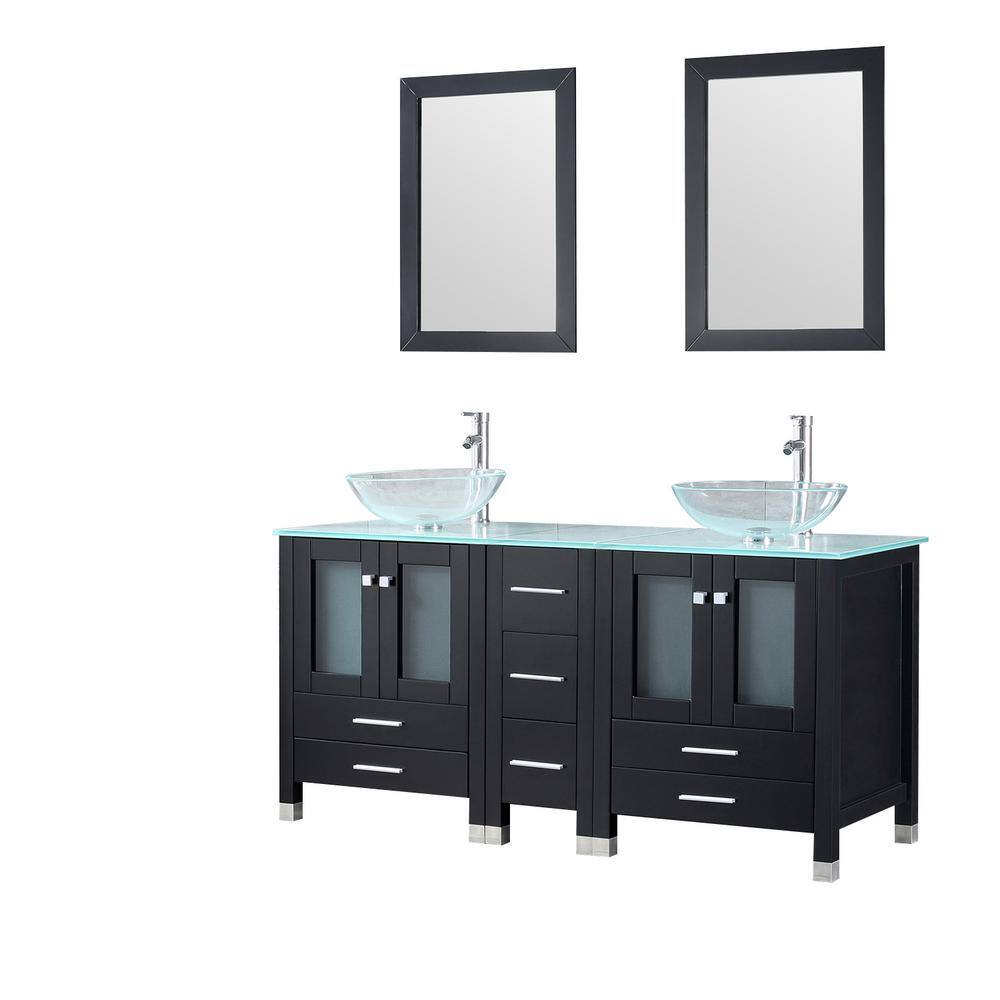 walsport 60 in. W x 21.5 in. D x 61 in. H Double Sinks Bath Vanity in Black with Glass Top and Mirror 2*USBR4181+USBR4182+2*USBR4075