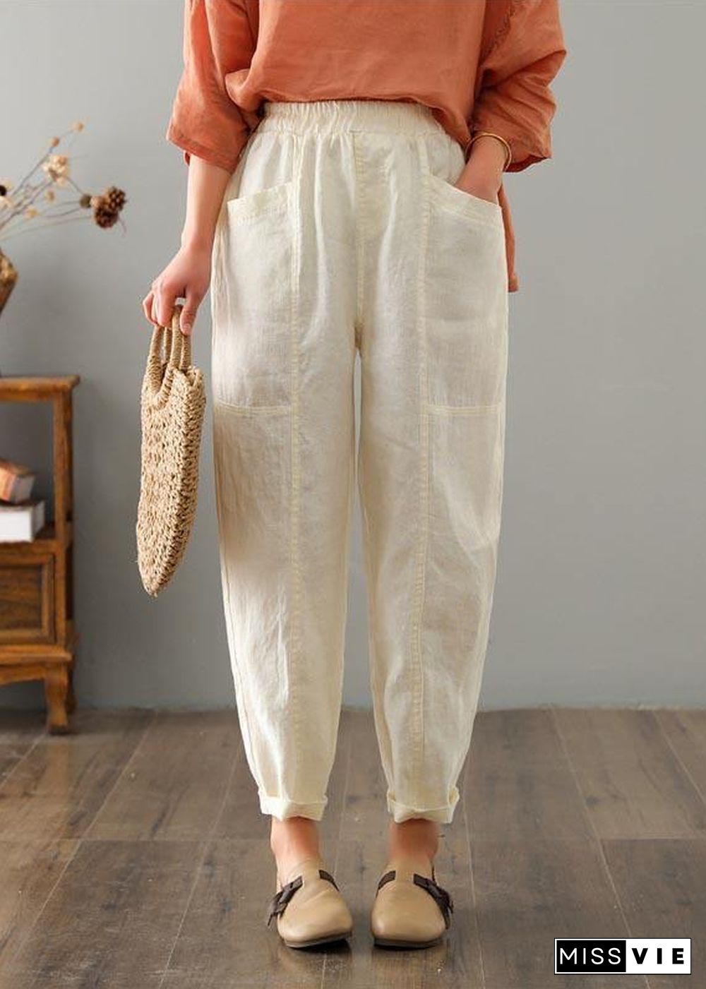 Organic Beige High Waist Harem Cotton Linen Pants Summer