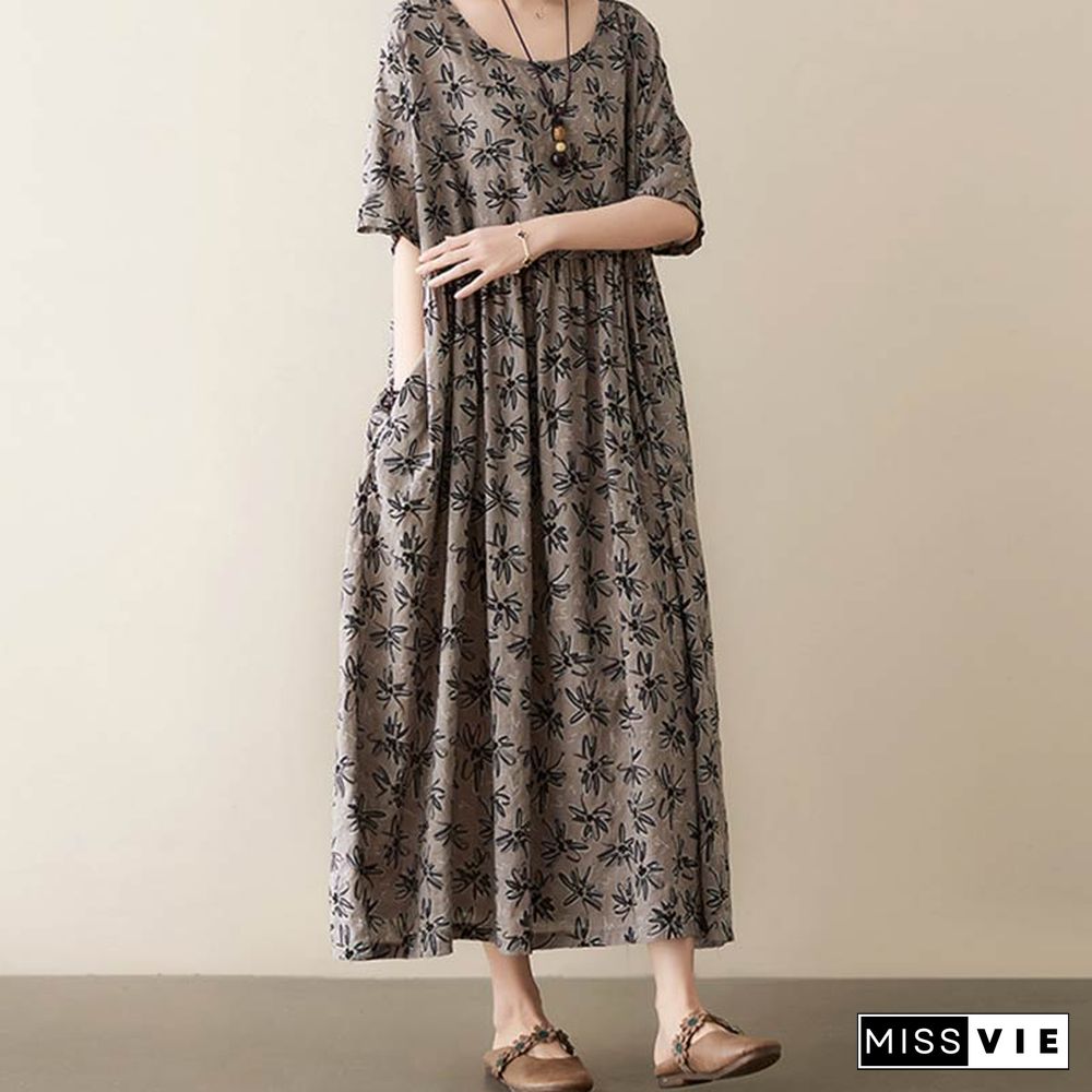 Vintage Floral Print Pocket Loose Linen Dress