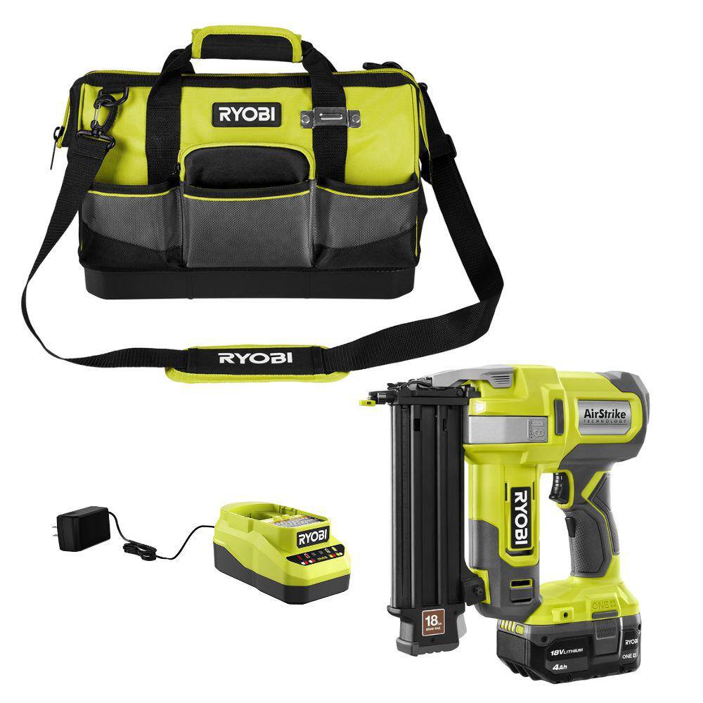 RYOBI ONE+ 18V 18-Gauge Cordless AirStrike Brad Nailer with 4.0 Ah Battery Charger and 16 in. Tool Bag P321K1N-STS603