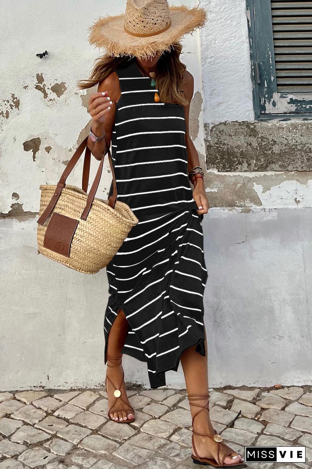 Black Stripe Print Open Back Sleeveless Maxi Dress with Slits