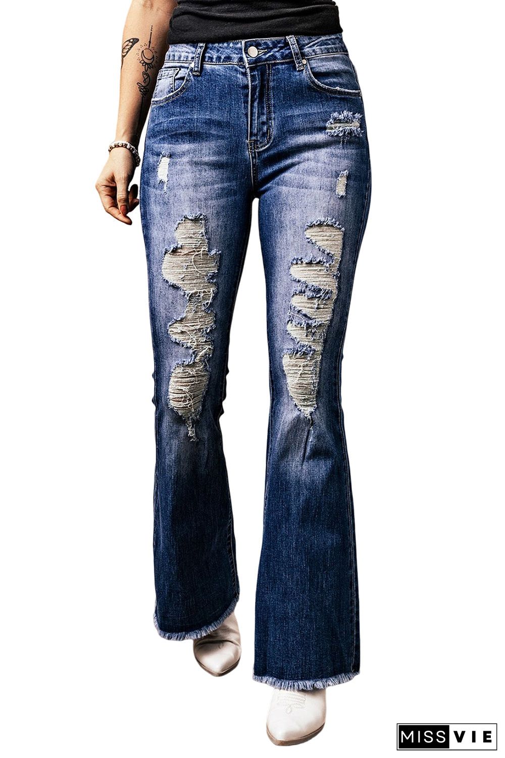 Sky Blue Distressed Raw Hem High Waist Flare Jeans