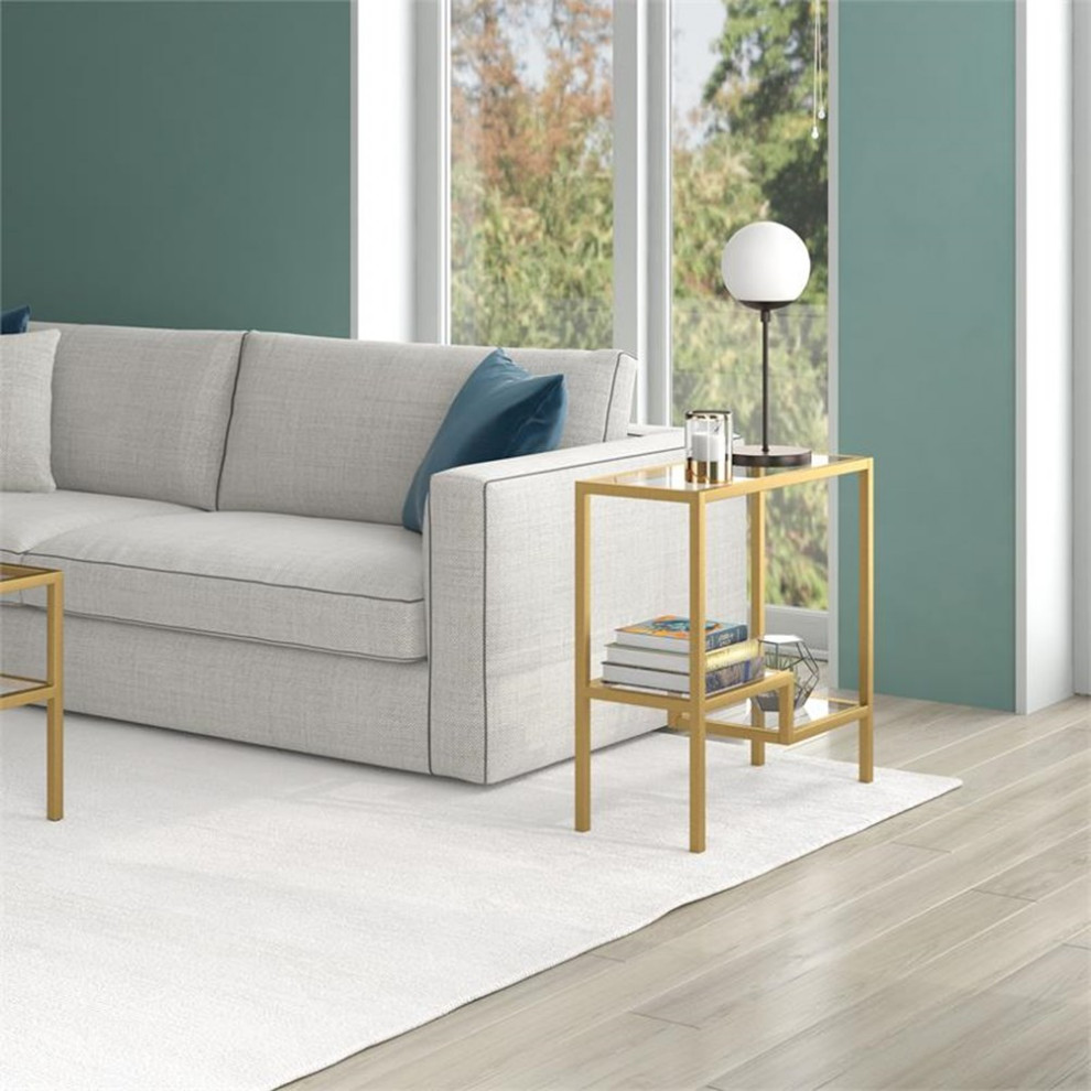 Maklaine Contemporary 24 quotMetal and Glass Side Table in Gold   Contemporary   Side Tables And End Tables   by Homesquare  Houzz