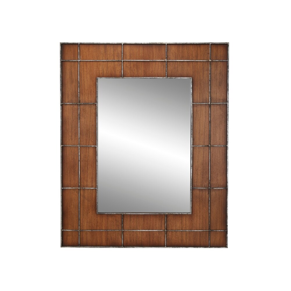 Large Rectangular Golden Brown Wood Wall Mirror with Metal Grid Overlay 36 x 44   36 x 1 x 44