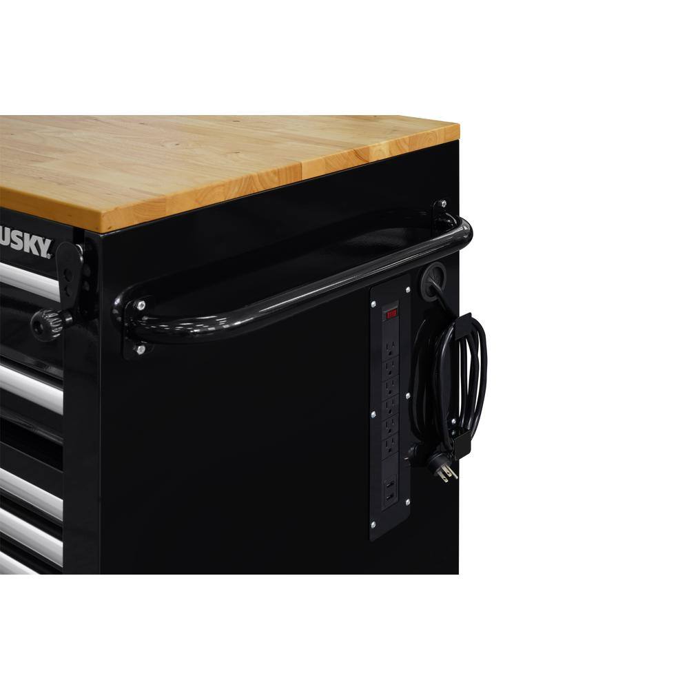 Husky 72 in. x 24.1 in. D 20-Drawer Mobile Workbench with Adjustable Height Solid Wood Top in Gloss Black HOLC7220B11M