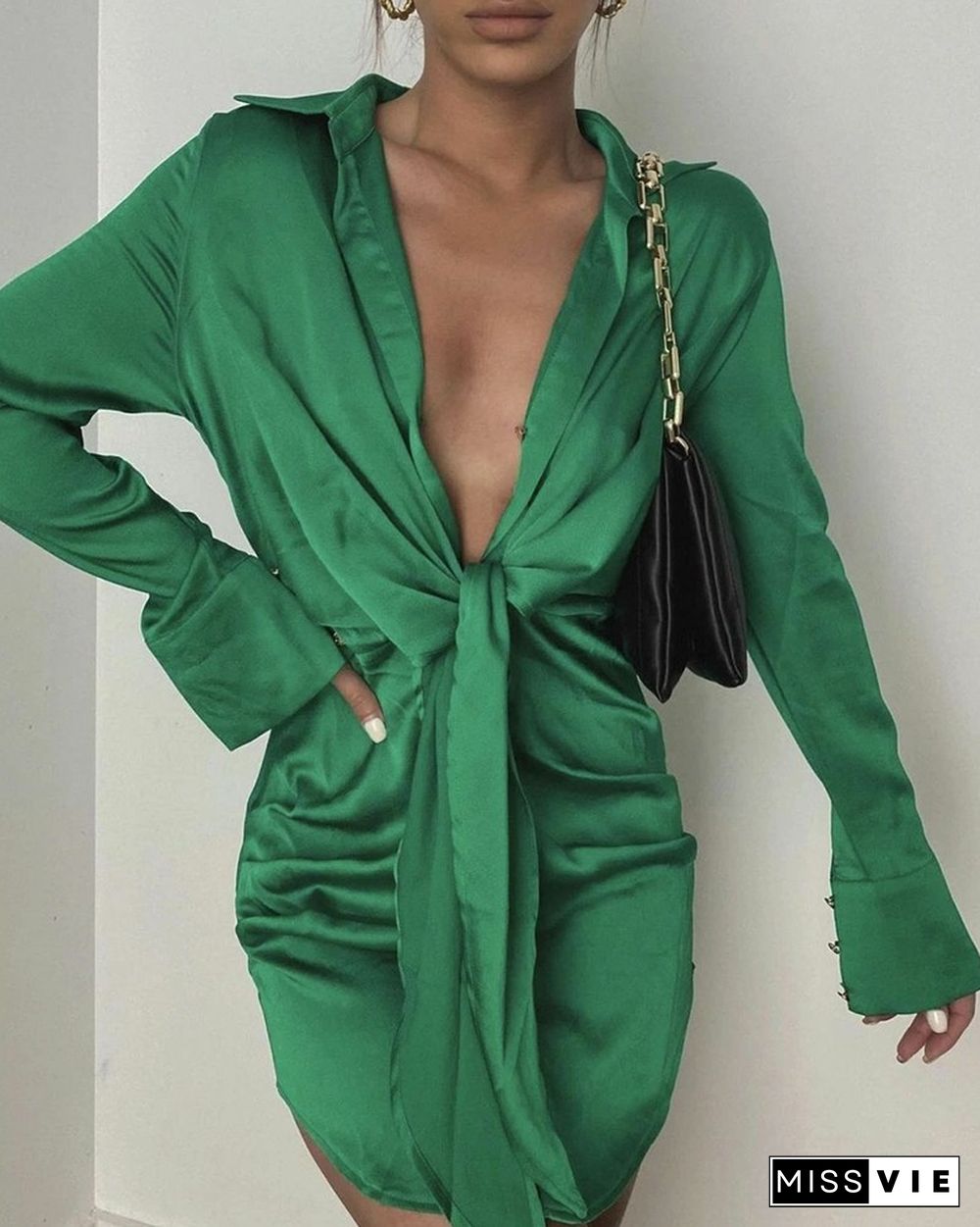 Solid Color Long Sleeve Tie Front Dress