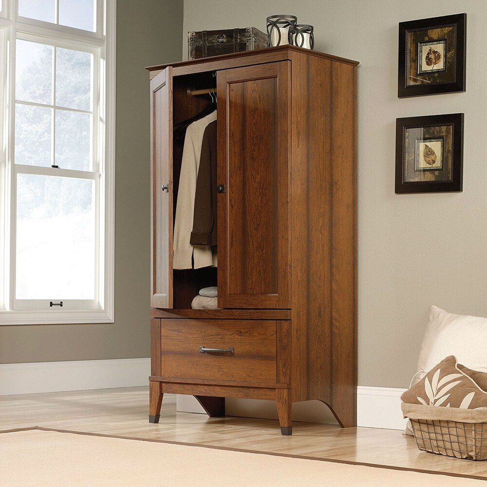 Bedroom Wardrobe Cabinet Storage Armoire in Medium Brown Cherry Wood Finish   33.4\