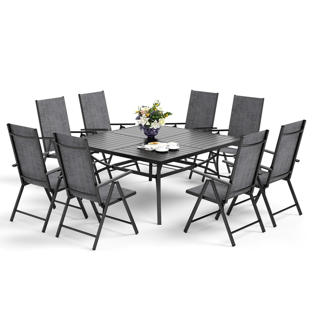 9 Pieces Patio Dining Set  60 Inch Square Metal Table and Sling Dining Chairs Seats Up to 8