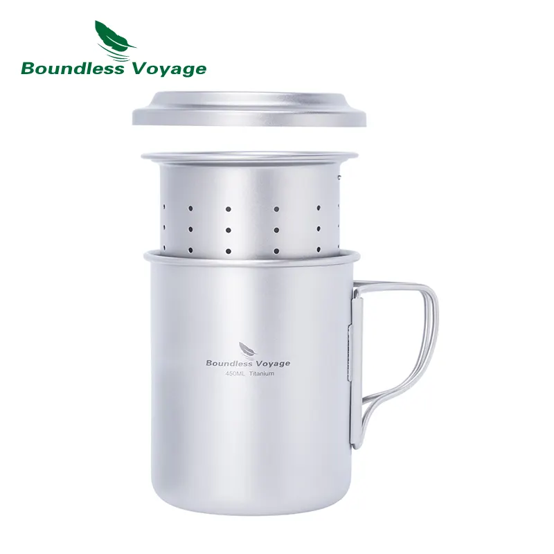 Boundless Voyage 450ml Titanium Cup with Filter Folding Handles Outdoor Camping Ti Tea Coffee Mug 15.2 fl oz Lightweight