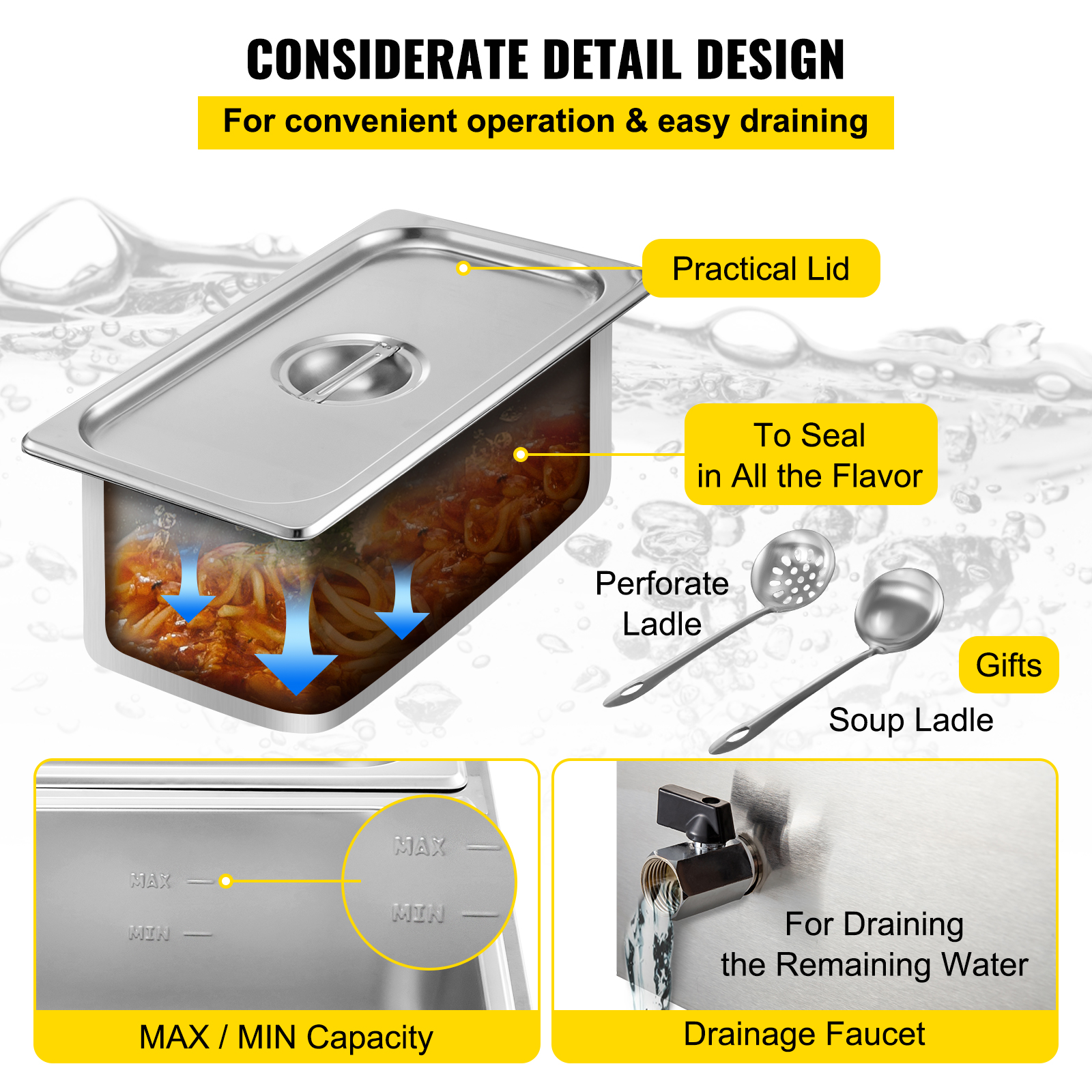 BENTISM 110V Commercial Food Warmer 4x1/4GN， 4-Pan Stainless Steel Bain Marie 24 Qt Capacity，1500W Steam Table 15cm/6inch Deep，Temp. Control 86-185℃， Electric Soup Warmer with Lids and 2 Ladles