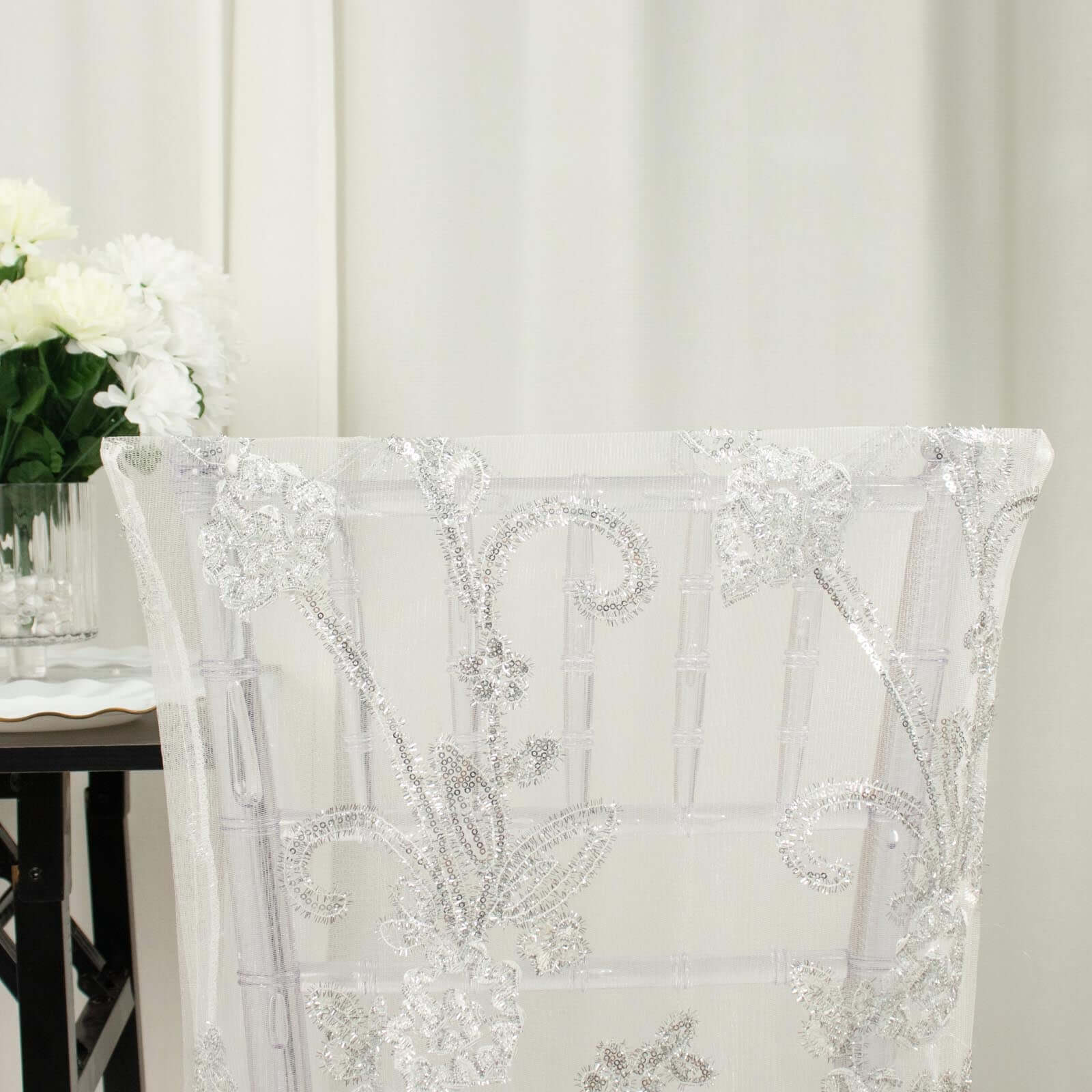 White Organza Floral Sequin Embroidered Wedding Chiavari Slipcover, Wedding Chair Back Lace Cover