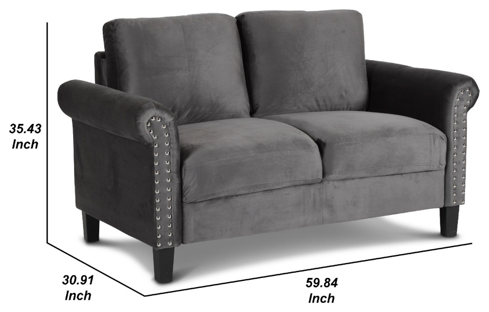 Benzara BM271912 60 quotVelvet Upholstered Loveseat With Nailhead Trim  Gray   Transitional   Loveseats   by VirVentures  Houzz