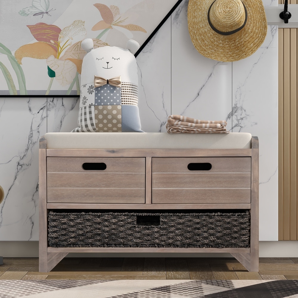 Entryway Storage Shoe Bench with Removable Basket Removable Cushion and 2 Drawers