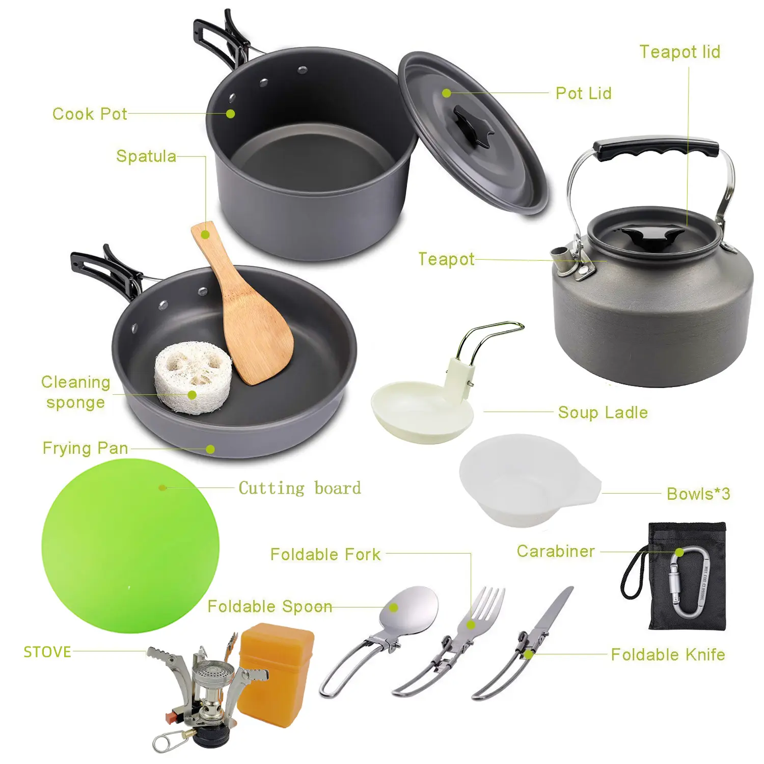 MU 2 3 People Outdoor Flying Pan Pot Teapot Picnic 14pcs Backpacking Gear Camping Cookware Set