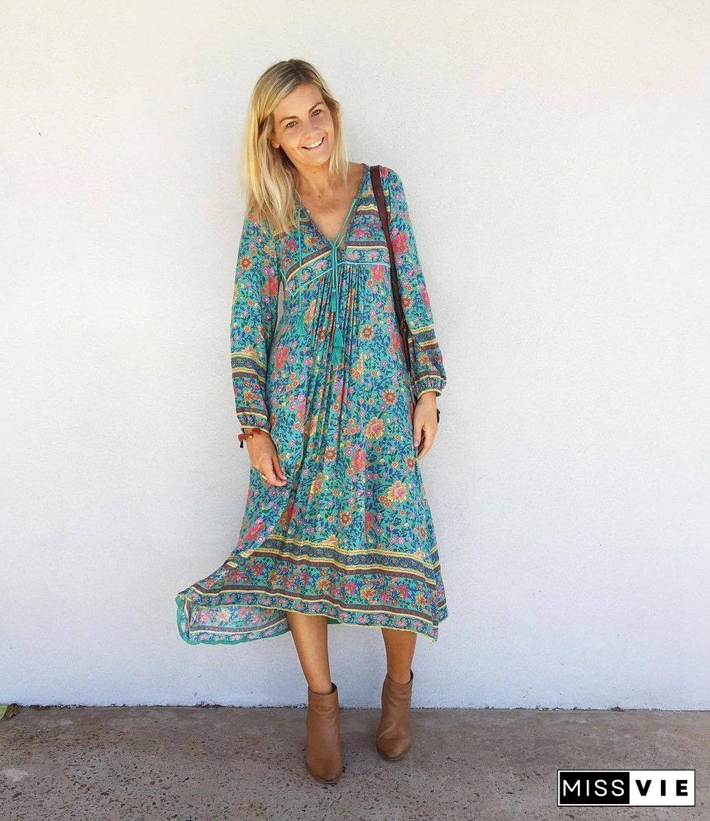 Elegant Boho Long Sleeve Loose Flowing Vacation Midi Dress