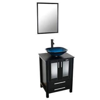 eclife 24 in. W x 20 in. D x 32 in. H Single Sink Bath Vanity in Black with Ocean Blue Vessel Sink Top ORB Faucet and Mirror BV102BK+VS104BU