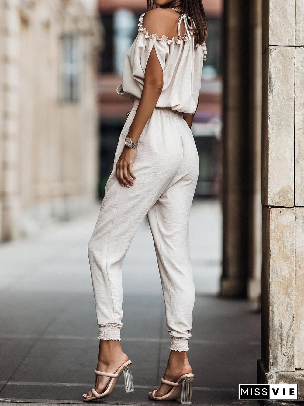 Wonderful Ideas Ruffle Cold Shoulder Jumpsuit