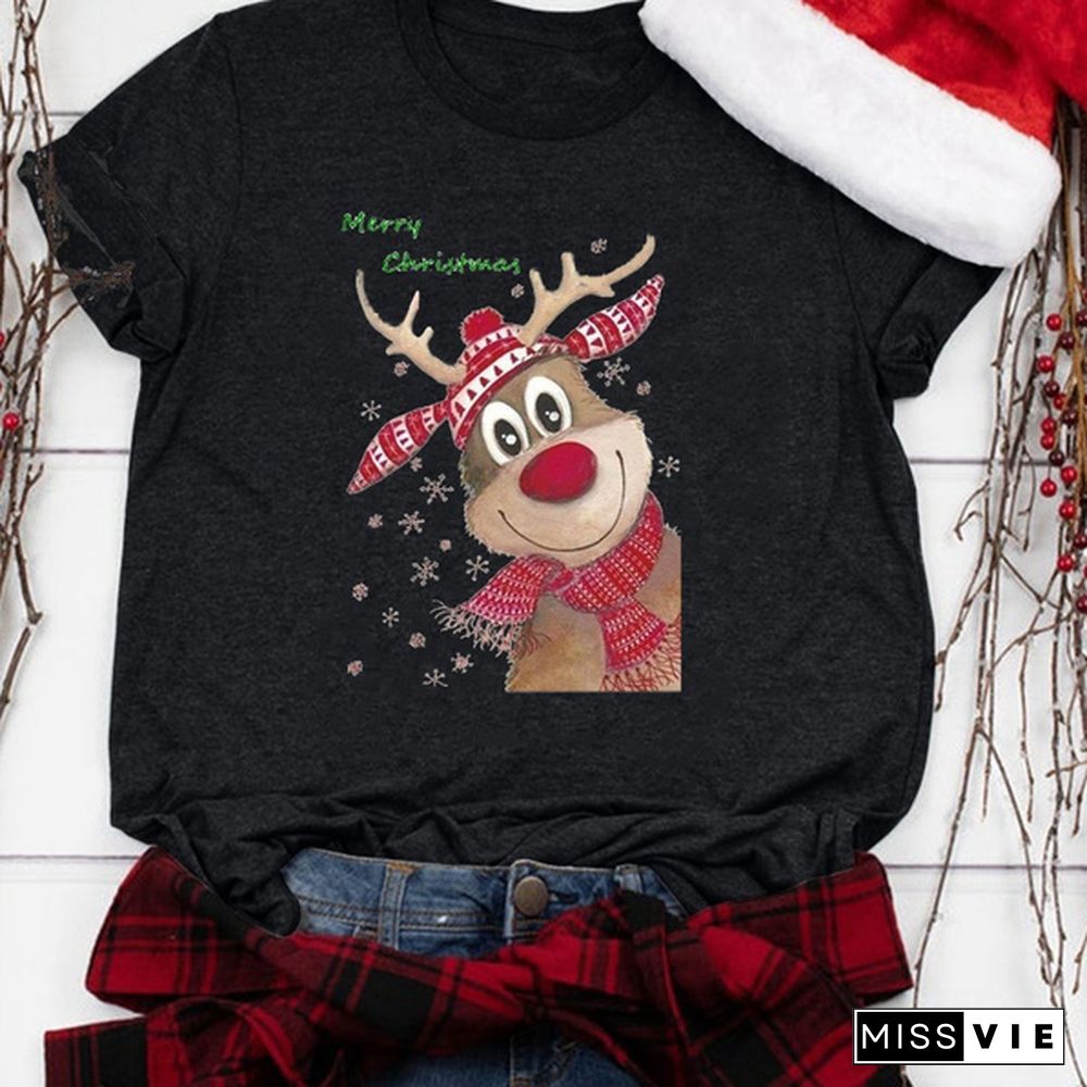 Christmas Women's Fashion Short Sleeve Casual O-neck Deer Ans Merry Christmas Printing Cotton T-shirt Tops