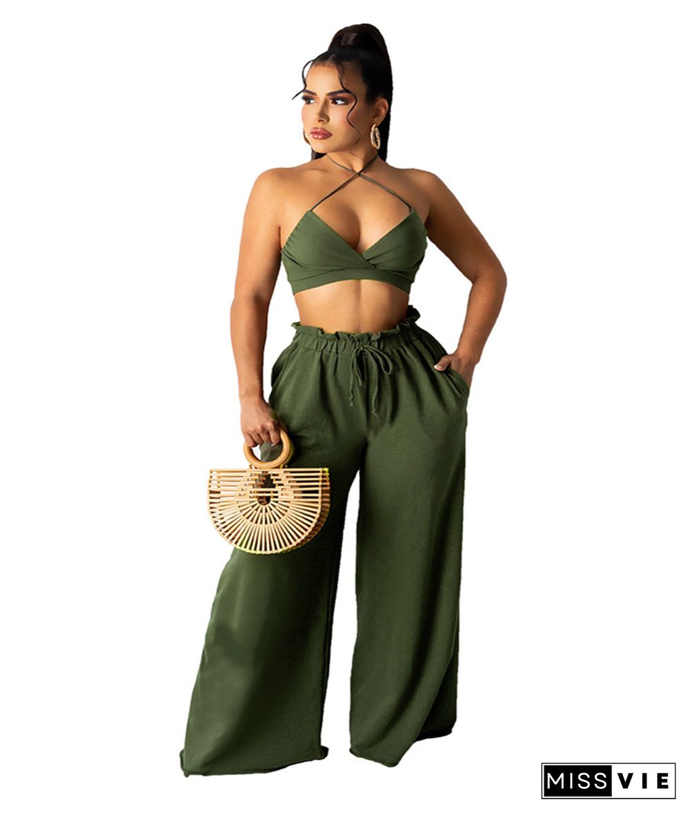 Lace Up Halter Bra Crop Top+Wide Leg Pant Suits