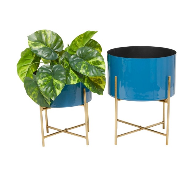 Olivia amp May 2pc Round Modern Metal Planter Pots With Gold Metal Stands